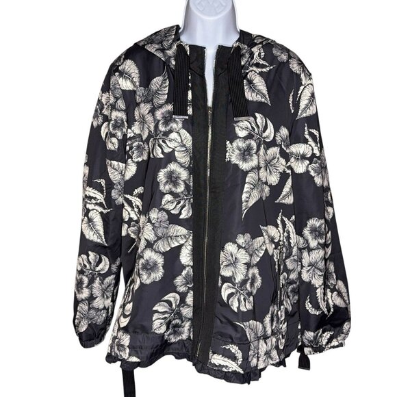 dennis basso Jackets & Blazers - Dennis Basso Jacket Printed Floral Black White Water Resistant Hooded Ruffle Lg